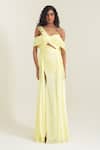 Buy_Pinup By Astha_Yellow Chiffon Asymmetric Sorrento Draped Gown _at_Aza_Fashions