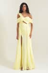 Shop_Pinup By Astha_Yellow Chiffon Asymmetric Sorrento Draped Gown _at_Aza_Fashions
