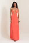 Buy_Pinup By Astha_Orange Satin, Georgette Tassels Halter Neck Aeolian Gown _at_Aza_Fashions