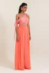 Buy_Pinup By Astha_Pink Chiffon Bows One Shoulder Cinque Terra Asymmetric Jumpsuit 