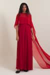 Buy_Pinup By Astha_Red Georgette, Satin Sweetheart , Round Rome Jumpsuit With Cape _at_Aza_Fashions