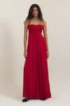Shop_Pinup By Astha_Red Georgette, Satin Sweetheart , Round Rome Jumpsuit With Cape _Online_at_Aza_Fashions