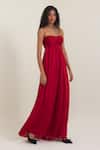 Pinup By Astha_Red Georgette, Satin Sweetheart , Round Rome Jumpsuit With Cape _at_Aza_Fashions