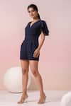 Buy_Naintara Bajaj_Navy Georgette V-neck Blue Plain Short Playsuit _at_Aza_Fashions