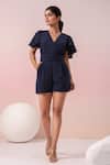 Shop_Naintara Bajaj_Navy Georgette V-neck Blue Plain Short Playsuit _Online_at_Aza_Fashions