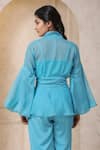 Naintara Bajaj Blue Organza, Crepe Open Neck Balloon Sleeves Peplum Top With Pant Online at Aza Fashions Naintara Bajaj_Blue Organza, Crepe Open Neck Balloon Sleeves Peplum Top With Pant _Online_at_Aza_Fashions