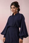 Shop_Samyukta Singhania_Navy Georgette Ruffles Collared Balloon Sleeve Shirt With Skirt _Online_at_Aza_Fashions
