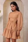 Buy_Naintara Bajaj_Brown Cotton Round Neck Tiered Dress _Online_at_Aza_Fashions