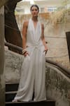 Shop_Ituvana_White Silk Halter Neck Gabby Bodysuit And Pant Set _at_Aza_Fashions