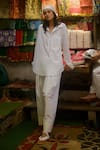 Buy_Ituvana_White Cotton Embroidery Collared Neelima Long Shirt With Farshi Salwar _at_Aza_Fashions