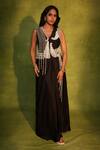 Buy_Ashutosh Joshi_Black Bemberg, Satin, Crepe, Silk Pearls, Abstract Cutwork Waistcoat With Skirt _at_Aza_Fashions