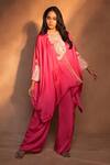 Buy_Ashutosh Joshi_Fuchsia Satin, Crepe Beads, Embroidery, Pearls Kaftan With Pant _at_Aza_Fashions