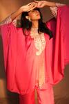 Ashutosh Joshi_Fuchsia Satin, Crepe Beads, Embroidery, Pearls Kaftan With Pant _at_Aza_Fashions