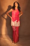 Buy_Ashutosh Joshi_Fuchsia Organza, Crepe Embroidery, Beads Round Neck Paisley Kurta And Pant Set _Online_at_Aza_Fashions