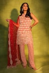 Ashutosh Joshi_Red Crepe, Net Embroidery, Beads, Pearls Round Neck Abstract Kurta Set _at_Aza_Fashions