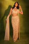 Buy_Ashutosh Joshi_Gold Net, Crepe Cut Work, Beads, Embroidery V-neck Abstract Bustier And Skirt Set _at_Aza_Fashions
