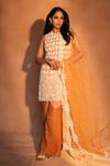 Shop_Ashutosh Joshi_Ivory Net, Crepe Embroidery, Beads, Pearls Round Neck Abstract Kurta Set 