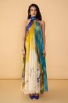 Saaksha & Kinni_Multi Color Chiffon Halter Neck Scribble Dense Stella Printed Dress _Online_at_Aza_Fashions