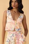 Buy_Saaksha & Kinni_Off White Crepe Plunge Neck Aura Scratches Delfie Printed Waistcoat _Online_at_Aza_Fashions