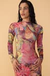 Buy_Saaksha & Kinni_Multi Color Lycra, Chiffon High Neck Floroscent Daisy Maeva Printed Dress _Online_at_Aza_Fashions