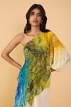 Saaksha & Kinni_Multi Color Crepe One Shoulder, Asymmetric Scribble Chintz Christy Dress _at_Aza_Fashions