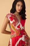 Buy_Saaksha & Kinni_Red Cambric, Cotton, Silk V-neck Velvet Ramie Printed Dress _Online_at_Aza_Fashions