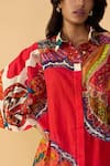 Shop_Saaksha & Kinni_Red Cambric Embroidery, Cut Work Collared Velvet Rasha Printed Shirt Tunic _Online_at_Aza_Fashions