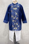 Shop_Snuggleme_Blue Chanderi, Cotton Foil Printing Lotus Front Open Kurta Set _at_Aza_Fashions