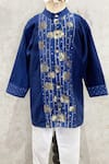 Shop_Snuggleme_Blue Chanderi, Cotton Foil Printing Lotus Front Open Kurta Set _Online_at_Aza_Fashions