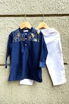 Buy_Snuggleme_Blue Chanderi, Cotton Foil Printing Lotus Patch Kurta Set _at_Aza_Fashions