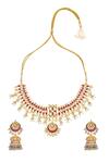 Shop_MAISARA JEWELRY_Red Stones, Beads, Pearls Geometric Cut Work Jadau Necklace Set _at_Aza_Fashions