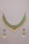 Shop_MAISARA JEWELRY_Green Stones, Pearls Floral Cut Work Jadau Necklace Set _at_Aza_Fashions