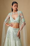 Buy_Asaga_Green Satin, Organza, Tulle, Chinon, Crepe Mirrors, Thundra Lehenga Set _Online_at_Aza_Fashions