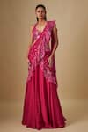Buy_Asaga_Pink Satin, Chinon, Tulle Mirrors, Pluvia Fuchsia Pre-draped Saree With Blouse _at_Aza_Fashions