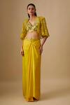 Buy_Asaga_Yellow Satin, Organza, Tulle, Crepe Mirrors V-neck, Mistral Work Cape Skirt Set _at_Aza_Fashions