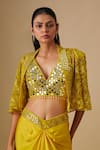 Asaga_Yellow Satin, Organza, Tulle, Crepe Mirrors V-neck, Mistral Work Cape Skirt Set _Online_at_Aza_Fashions