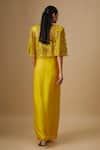 Shop_Asaga_Yellow Satin, Organza, Tulle, Crepe Mirrors V-neck, Mistral Work Cape Skirt Set _at_Aza_Fashions