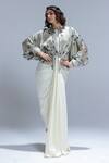Buy_Studio Surbhi_Ivory Georgette, Satin Embroidery, Buckles High Neck Draped Gown And Kimono Set _at_Aza_Fashions