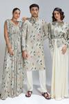 Studio Surbhi_Ivory Georgette, Satin Embroidery, Buckles High Neck Draped Gown And Kimono Set _Online_at_Aza_Fashions