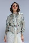 Shop_Studio Surbhi_Ivory Georgette, Satin Embroidery, Buckles High Neck Draped Gown And Kimono Set _Online_at_Aza_Fashions