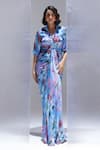 Buy_Studio Surbhi_Sky Blue Georgette, Satin Collared Draped Shirt Style Gown _at_Aza_Fashions