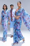Studio Surbhi_Blue Organza V-neck Printed Saree With Blouse _Online_at_Aza_Fashions