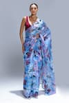 Buy_Studio Surbhi_Blue Organza V-neck Printed Saree With Blouse _at_Aza_Fashions