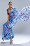 Shop_Studio Surbhi_Blue Organza V-neck Printed Saree With Blouse _at_Aza_Fashions