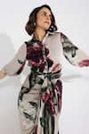 Studio Surbhi_Beige Georgette, Satin Collared Gardenia Print Shirt And Skirt Set _Online_at_Aza_Fashions