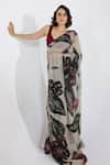 Buy_Studio Surbhi_Beige Organza Sequins, Embroidery V-neck Gardenia Print Saree With Blouse _at_Aza_Fashions