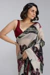 Shop_Studio Surbhi_Beige Organza Sequins, Embroidery V-neck Gardenia Print Saree With Blouse _at_Aza_Fashions