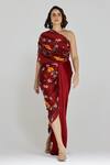Buy_Studio Surbhi_Maroon Georgette, Satin Embroidery One Shoulder Floral Print Draped Gown _at_Aza_Fashions