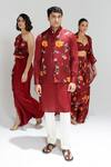 Studio Surbhi_Maroon Georgette, Satin Embroidery One Shoulder Floral Print Draped Gown _Online