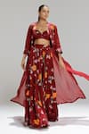 Buy_Studio Surbhi_Maroon Georgette, Satin, Organza Garden Print Jacket And Kalidar Skirt Set _at_Aza_Fashions